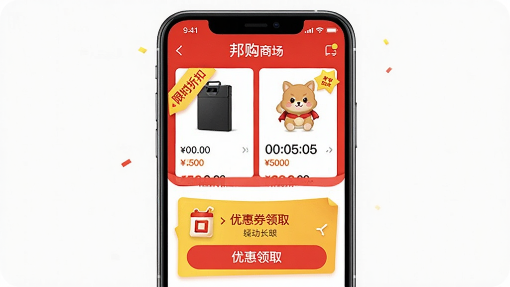 �ֻ�����չʾ��̳Ǵ����ҳ�棬��ɫ�ͻ�ɫΪ��ɫ������ʾ��ʱ�ۿ۱�ǩ���Ż�ȯ��ȡ��ť�����ֽ��գ������ã�ϸ�ڰ�����ƷͼƬ�͵���ʱ�������������ɾ����޶���Ԫ��
