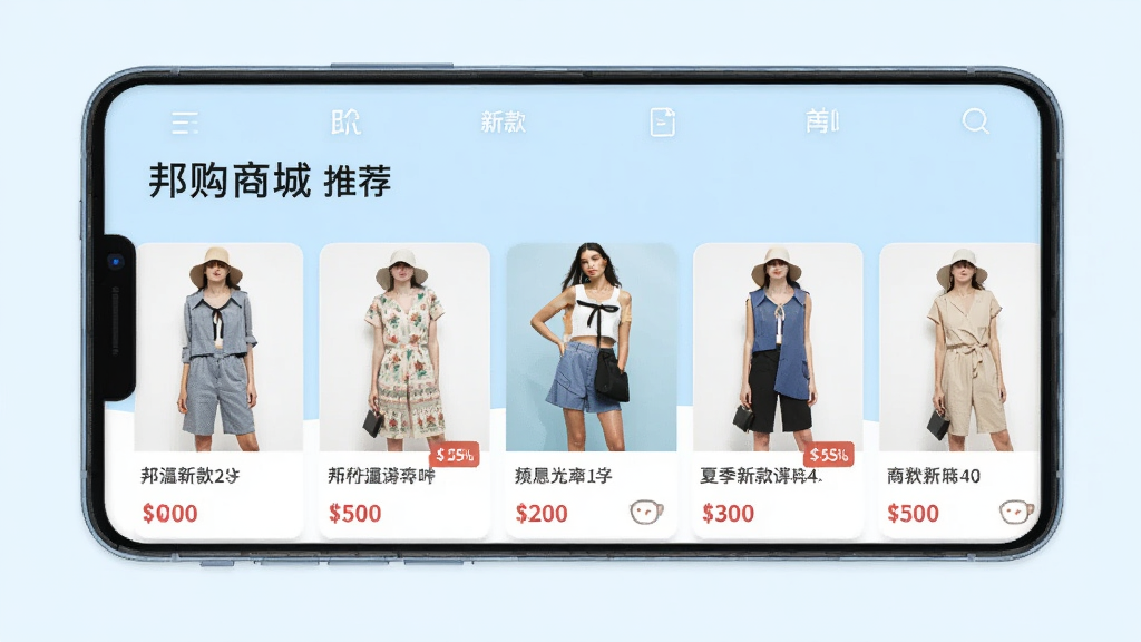 �ֻ���Ļչʾ��̳�APP��ҳ�������Ƽ�������ʾ�ļ��¿���δ��䣬����Ϊǳ��ɫ������������������ִ���ϸ�ڰ�����Ʒ����ͼ�ͼ۸��ǩ�������������ɾ����޶���Ԫ��