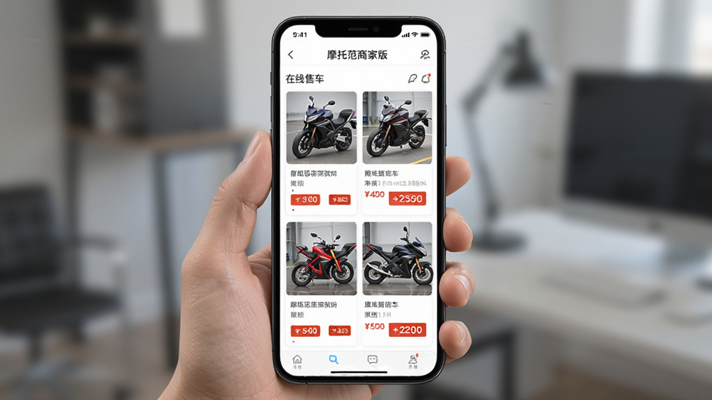 Ħ�з��̼Ұ������۳����棬�ֻ���Ļ��ʾ���Ħ�г��б��뱨�۱�ǩ������Ϊ�ֳ��ֻ������־��У��Ű�����������Լ����ϸ�ڰ���Ħ�г�����ͼ��۸����֣����ʸ��壬�ɾ����޶���Ԫ��