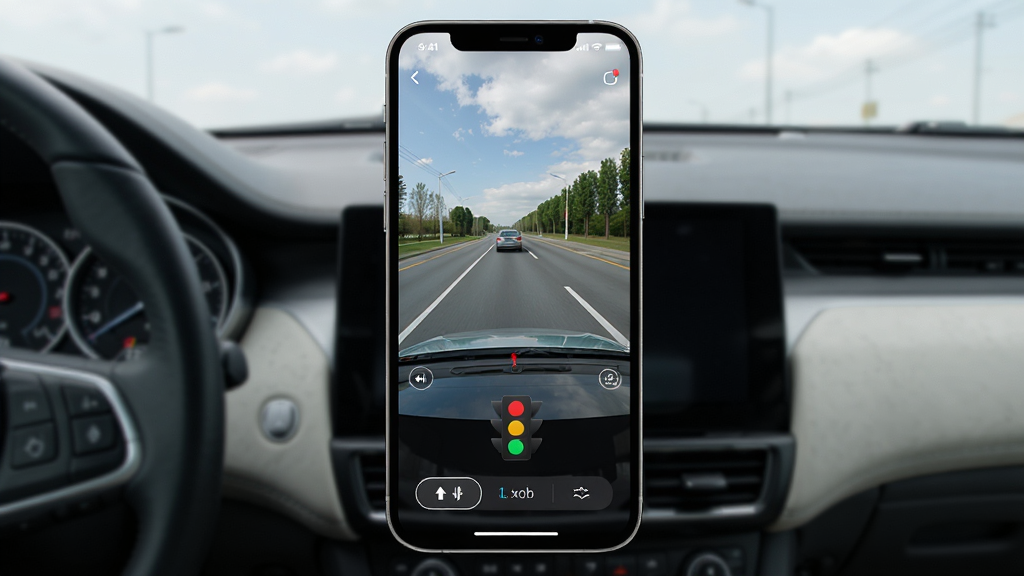 ���ܳ���app����չʾ���ֻ���Ļ��ʾ�г���¼��ʵʱ���棬�������г���ǰ����·����Ļ�·��к��̵�����ͼ�꣬����Ϊ�ֻ����У�����Ϊ�������Σ����Ϊ�Ƽ���UIչʾ��ϸ�ڰ��������Ļ��ʺͼ��İ�ť�����ʸ��壬�ɾ����޶���Ԫ��