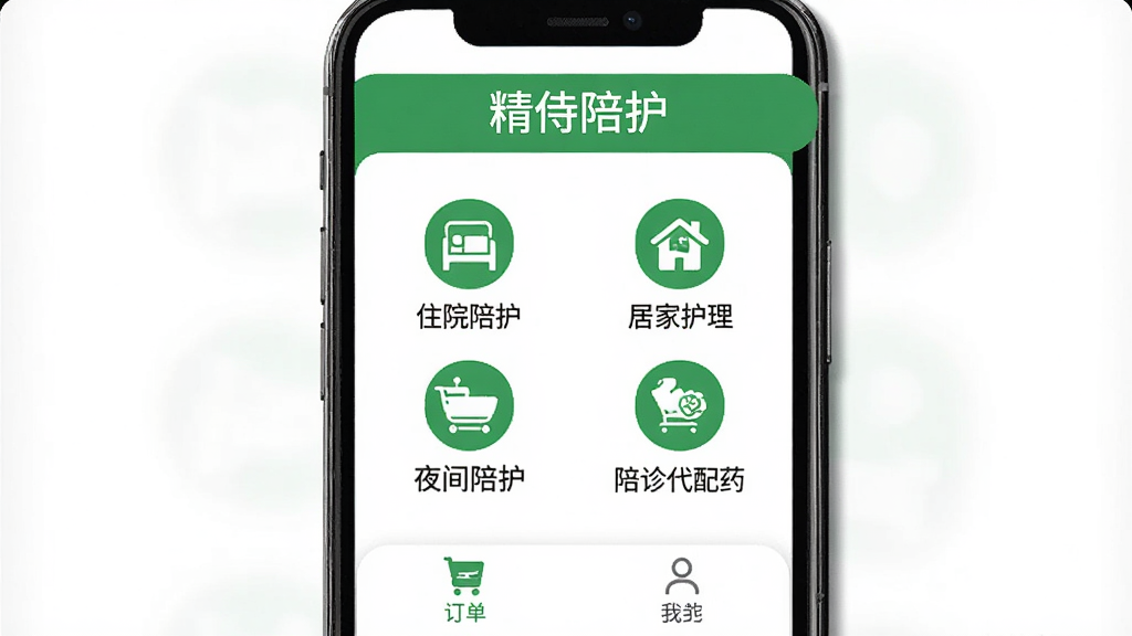 �ֻ���Ļչʾ�����㻤APP��ҳ���棬��ɫ��������ɫ��ɫ����ҳ�涥����ʾ�������㻤�����֣��в���סԺ�㻤���Ӽһ�����ҹ���㻤���������ҩ�ĸ�����ͼ�꣬�ײ�Ϊ�������ҵ�ҳ����ڣ��ɾ����࣬�޶���Ԫ�أ����廭��