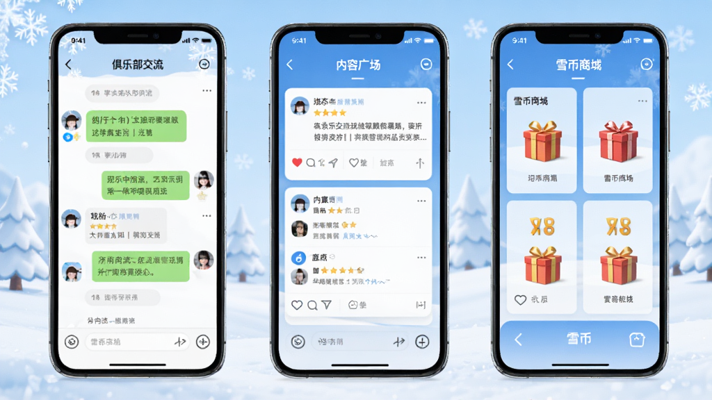 ѩ��APP����չʾͼ������Ϊ�ֻ�����ͬʱչʾ���ֲ����������ݹ㳡��ѩ���̳�����ģ�飬����Ϊ��������չʾ���Ű����룬���Ϊ���±�ѩ���⣬ϸ�ڰ�������Ի��򡢶�̬��Ƭ���̳���Ʒͼ�꣬���ʸ��壬�ɾ����޶���Ԫ��