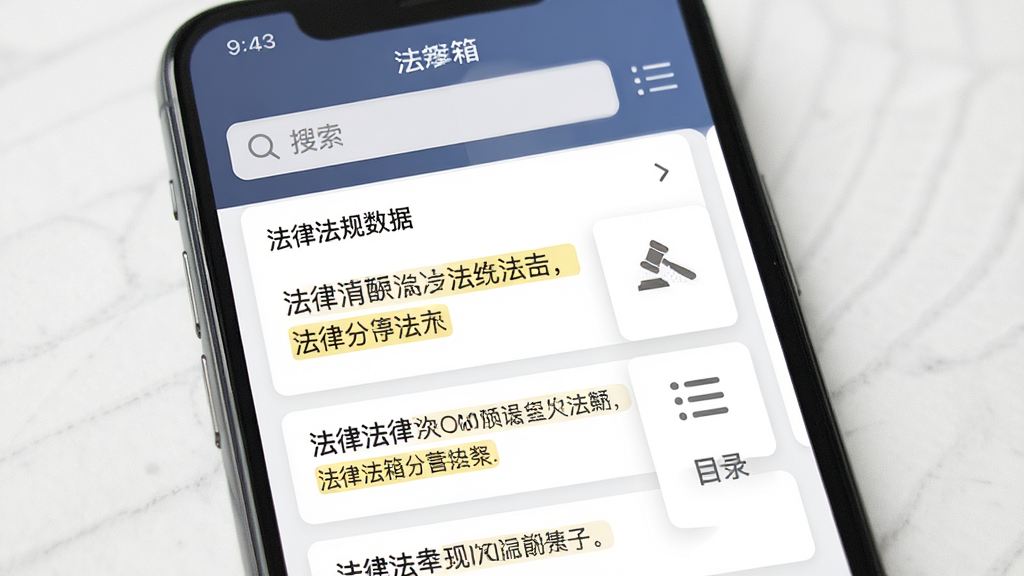法律百宝箱App功能界面展示,主体为手机屏幕显示法律法规数据库列表,布局采用多层级卡片式排版,风格现代简约商务,细节包含搜索框、法条高亮、目录导航图标,画质清晰,干净无多余元素,无文字水印