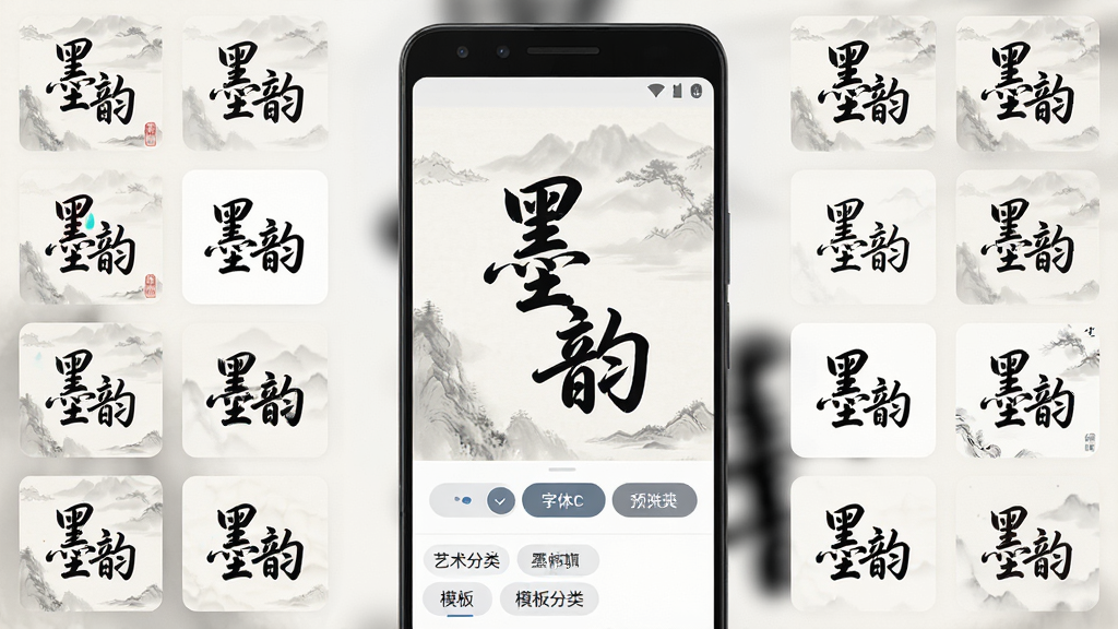 一部安卓手机屏幕显示墨韵艺术签名应用界面,界面中央展示一个手写中文艺术签名“墨韵”字样,周围环绕多种字体样式缩略图,背景为淡雅水墨风格,主体突出应用功能展示,布局为手机正面竖屏展示,排版简洁清晰,风格为现代扁平化UI设计,细节包含签名预览区、字体切换按钮、模板分类标签,画质高清,干净,无多余元素