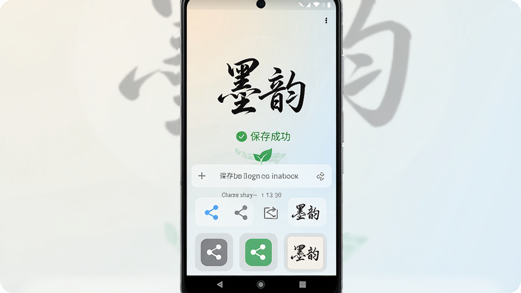 一部安卓手机展示墨韵艺术签名应用中的签名保存与分享界面,屏幕中央显示一个已完成的中文艺术签名“墨韵”并带有保存成功提示,下方排列分享按钮图标,背景为浅色渐变,主体为手机屏幕内容展示,布局居中竖屏,排版整齐,风格为清爽简约UI设计,细节包含保存路径提示、分享渠道图标、签名预览缩略图,画质高清,干净,无多余元素
