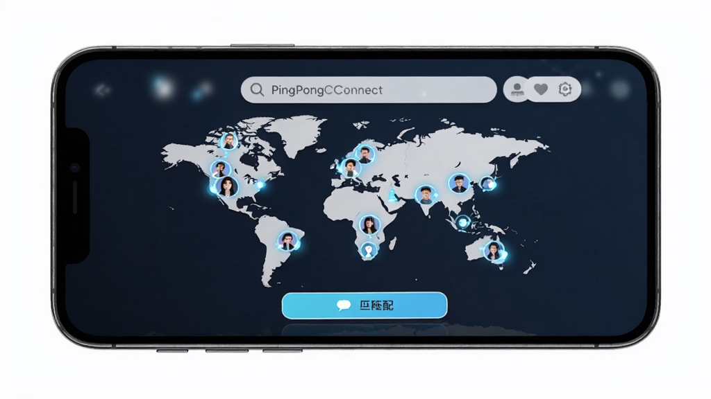 �ֻ���Ļ��ʾ PingPongConnect Ӧ�ý��棬����Ϊȫ���ͼ�Ϸֲ��Ŷ���û�ͷ���㣬���־��У��Ű�����������Լ�Ƽ��У�ϸ�ڰ�����������ƥ�䰴ť�����ʸ��壬�ɾ����޶���Ԫ��