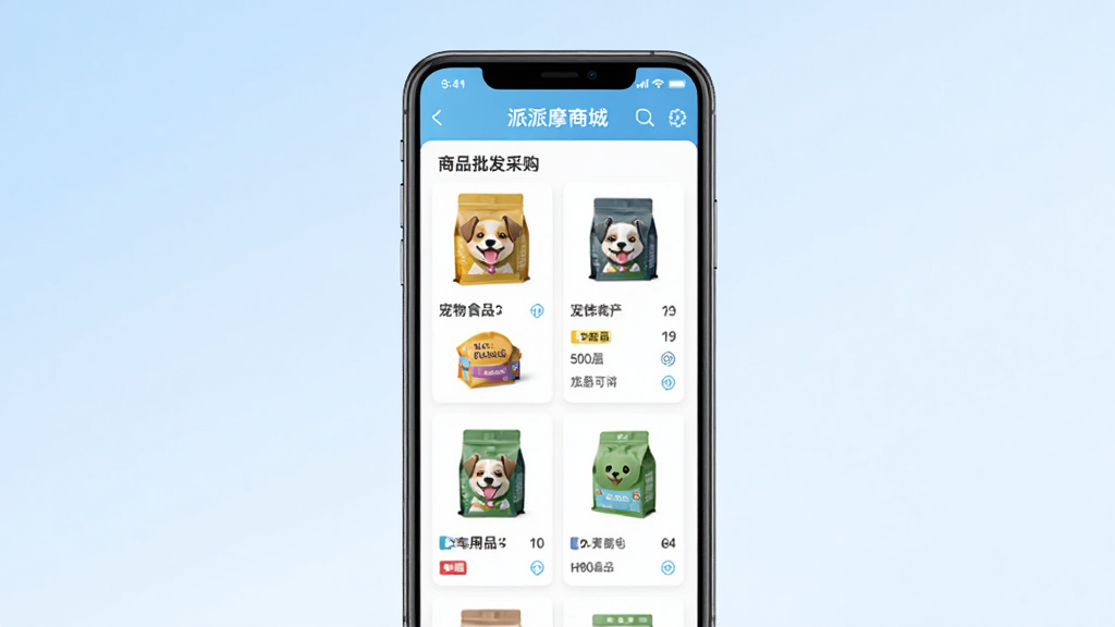 派摩商城 安卓版 商品批发采购界面 手机屏幕展示 主体为手机正视图 背景为简洁浅蓝色渐变 排版居中 风格现代商务 细节包含宠物食品与用品商品列表 画质清晰 干净 无多余元素