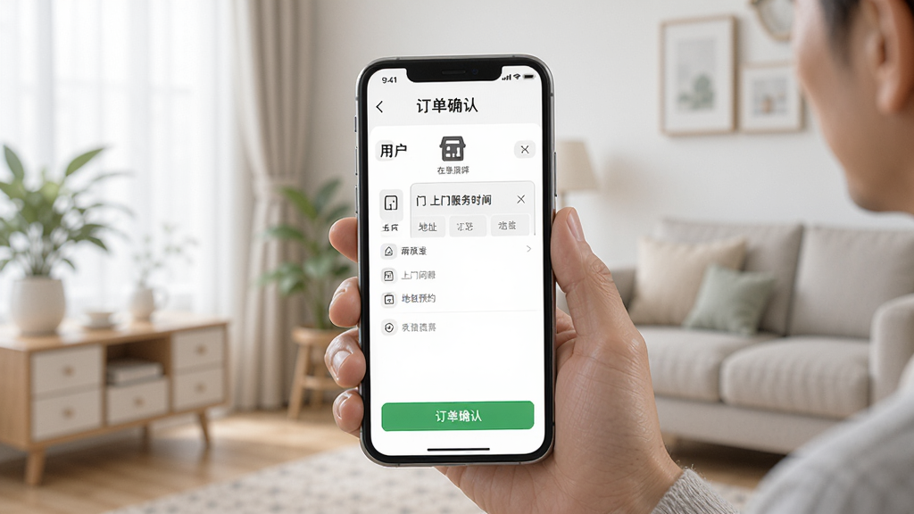 ʦ���嵽��APP����ԤԼ���棬�û�����ѡ�����ŷ���ʱ�����ַ���ֻ���Ļ��ʾ����ȷ��ҳ�棬����Ϊ�Ӽһ�����������¼�࣬���������ɾ��޶���Ԫ��