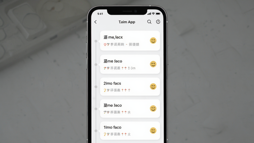人生瞬间APP界面截图,主体是一个简洁的时间轴列表,布局为手机屏幕竖向展示,排版清晰,风格清新极简,细节包括文字记录卡片和心情图标,画质高清,干净,无多余元素