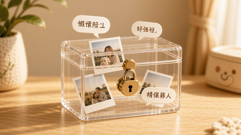 人生瞬间APP情绪保险箱概念图,主体是一个带锁的透明盒子,布局居中,排版简洁,风格温暖治愈,细节包括盒子内飘浮的照片和文字气泡,画质高清,干净,无多余元素