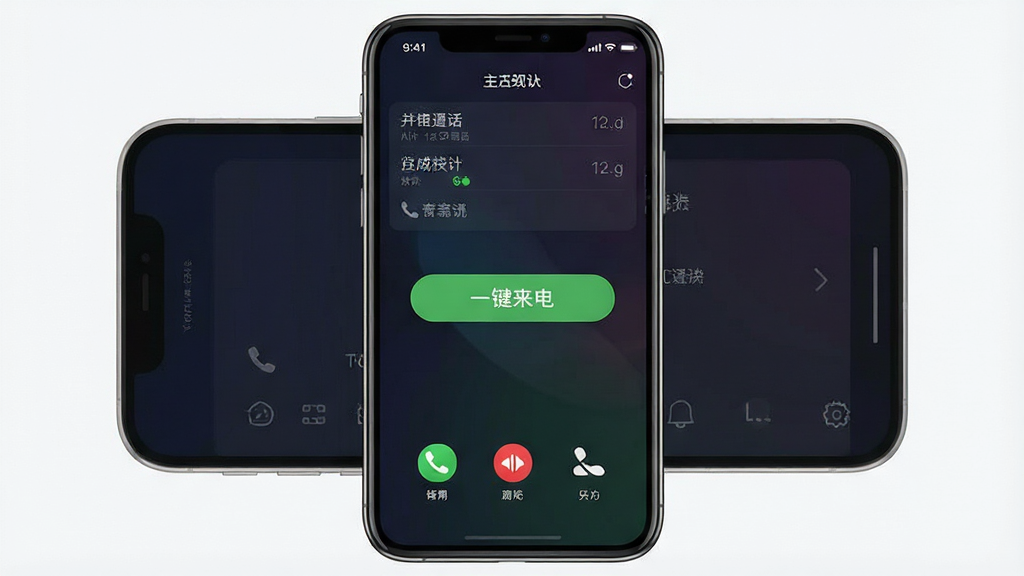 手机屏幕显示通话记录生成器软件主界面,中间有“一键来电”按钮,背景为深色渐变,界面简洁干净,画质清晰,无多余元素