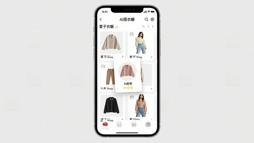 爱搭衣橱APP界面展示,手机屏幕中呈现整洁的电子衣橱列表与AI推荐穿搭卡片,主体为手机与衣物图标,布局居中,排版简洁,风格清新现代,细节包含衣物缩略图与搭配评分,画质清晰,干净,无多余元素