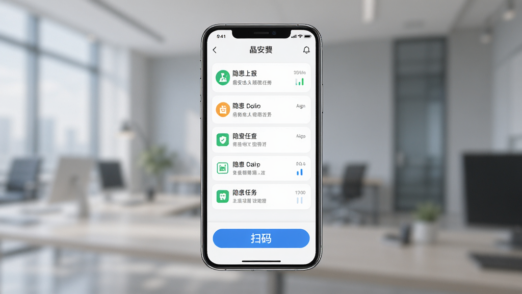 展示晶安App隐患排查界面,主体为手机屏幕显示检查任务列表和扫码按钮,布局居中,排版简洁,风格为现代商务科技风,细节包含隐患上报图标和进度条,画质清晰,干净,无多余元素