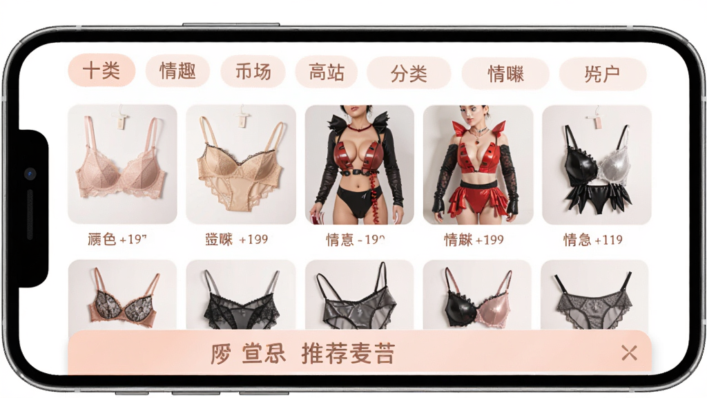 十色App特色功能展示,主体为手机屏幕显示情趣内衣专区页面,布局为顶部分类标签、中部商品网格、底部推荐栏,排版整齐美观,风格为柔和温馨色调,细节包含蕾丝内衣、角色扮演服装等商品缩略图,画质高清,干净,无多余元素