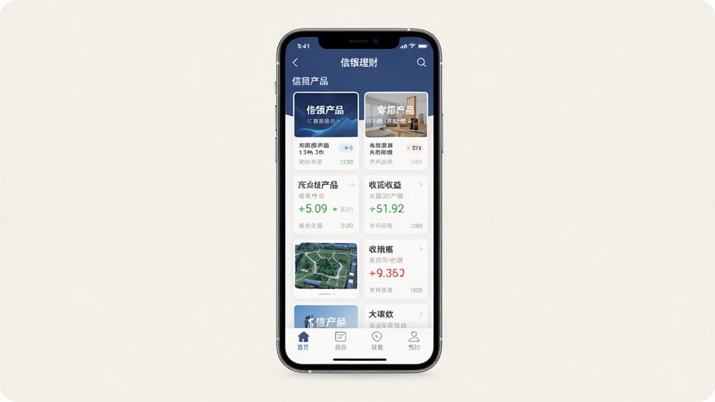 信银理财手机APP界面展示,主体为一部智能手机,屏幕上显示信银理财产品列表和收益数据,布局在浅色背景中央,排版简洁清晰,风格现代商务,细节包括顶部导航栏、产品卡片和底部菜单,画质高清,干净无多余元素