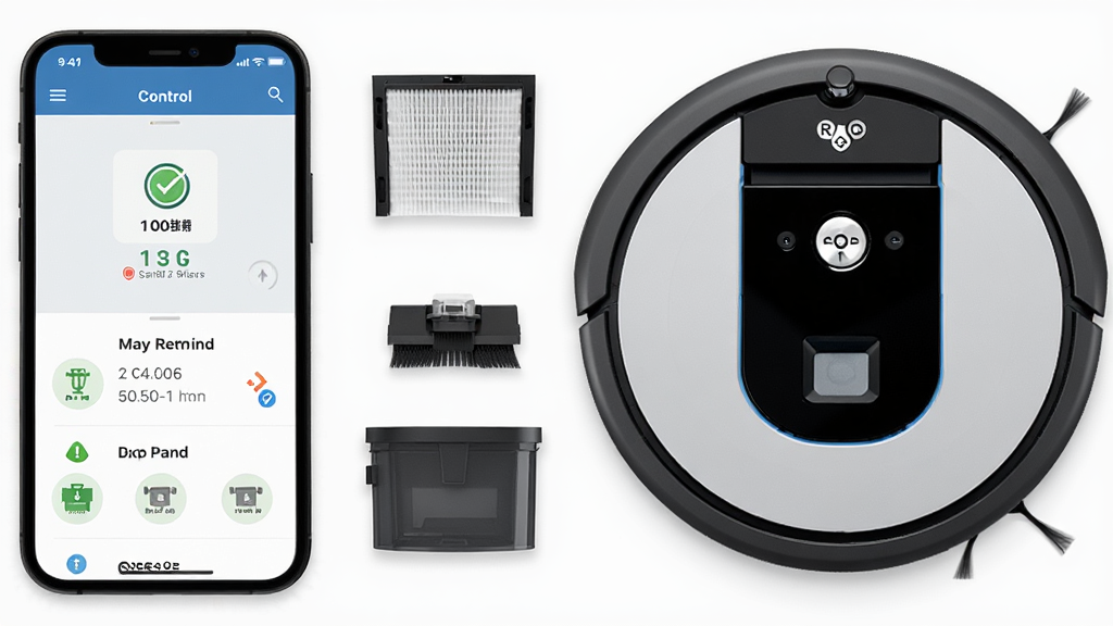 ����չʾ Roomba Control Ӧ���ڵ�ά�����ѽ��棬�ֻ���Ļ���кĲ�״̬ͼ�����ʾ���֣��Ա߷���ɨ�ػ����˼��滻���������Ϊ����ֻ��Ҳ�����ˣ��������������ϸ�ڰ���������ˢͷ�����С���ʾͼ�꣬���ʸ��壬�ɾ����޶���Ԫ��