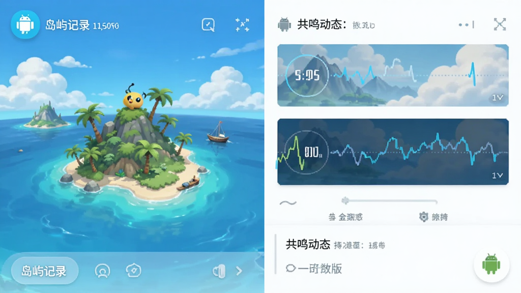 撩否 安卓版 应用主界面截图,展示岛屿记录和共鸣动态,清新简约风格
