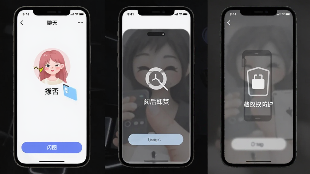 撩否 闪图聊天界面,展示阅后即焚和截屏防护功能,简洁UI风格