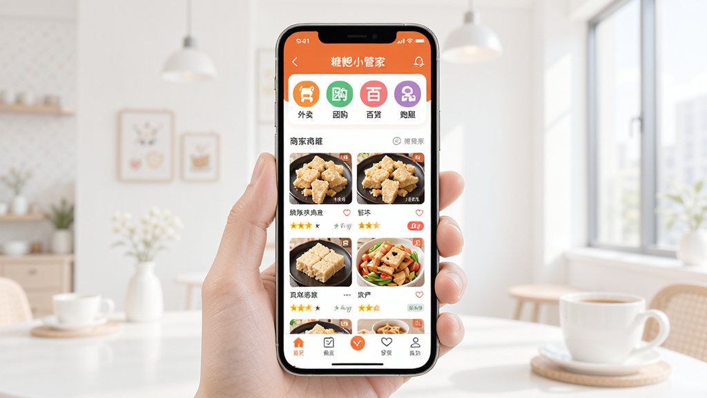 �ֻ���Ļչʾ������С�ܼ�APP��ҳ���棬�Ϸ��������Ź��ٻ�ĸӤ���ȷ���ͼ�꣬�м����̼��б����ײ��ǵ������������ɾ���������ƽ��UI��񣬻������������޶���Ԫ�أ����廭��