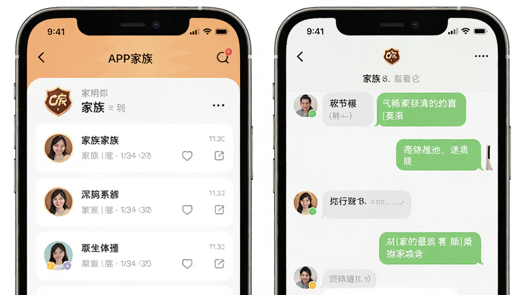 是你APP家族页面,主体为手机屏幕中显示家族列表和家族聊天界面,布局为竖屏手机界面,排版有序,风格为温暖社交应用风格,细节包括家族徽章、成员头像、聊天消息气泡,画质高清,干净,无多余元素