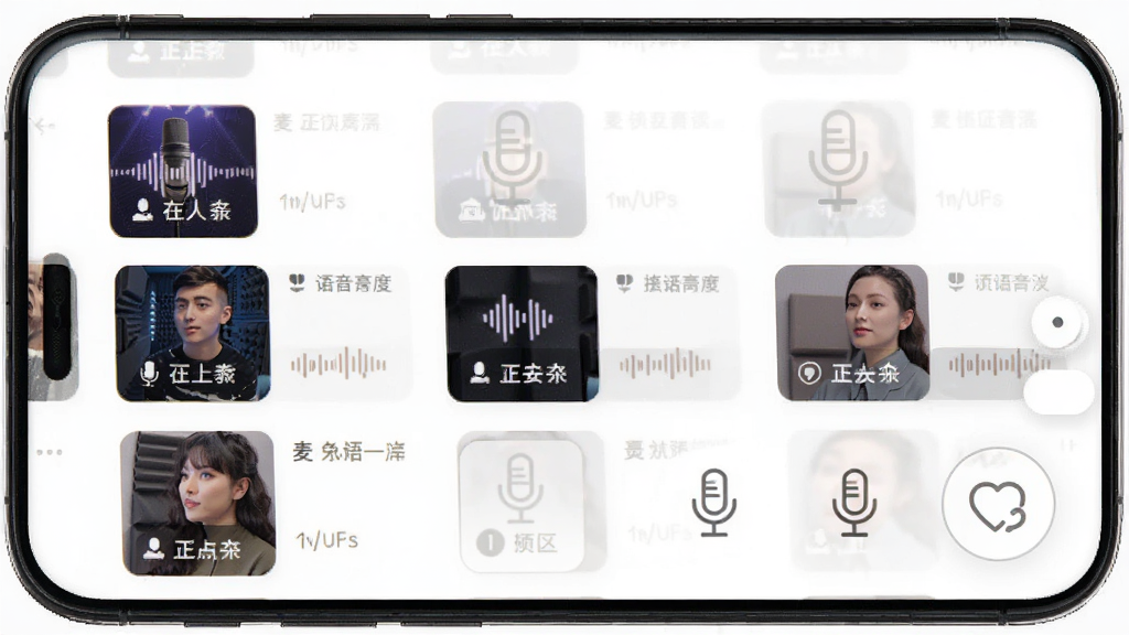 是你APP语音房界面展示,主体为手机屏幕中显示多个语音房列表和麦位区,布局为竖屏手机界面,排版整洁,风格为现代社交应用UI,细节包括房间封面、在线人数、麦克风图标,画质高清,干净,无多余元素