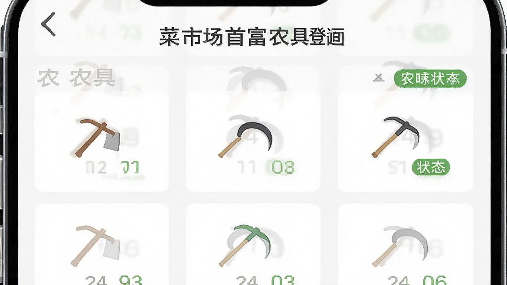 ���г��׸�ũ�ߵǼ�ҳ�棬����Ϊ�ֻ���Ļ��ʾũ���б���״̬��ǩ������Ϊ��Ƭʽ���У��Ű����������Ϊ��Լʵ�÷磬ϸ�ڰ�����ͷ������ͼ�꣬���ʸ��壬�ɾ��޶���Ԫ��