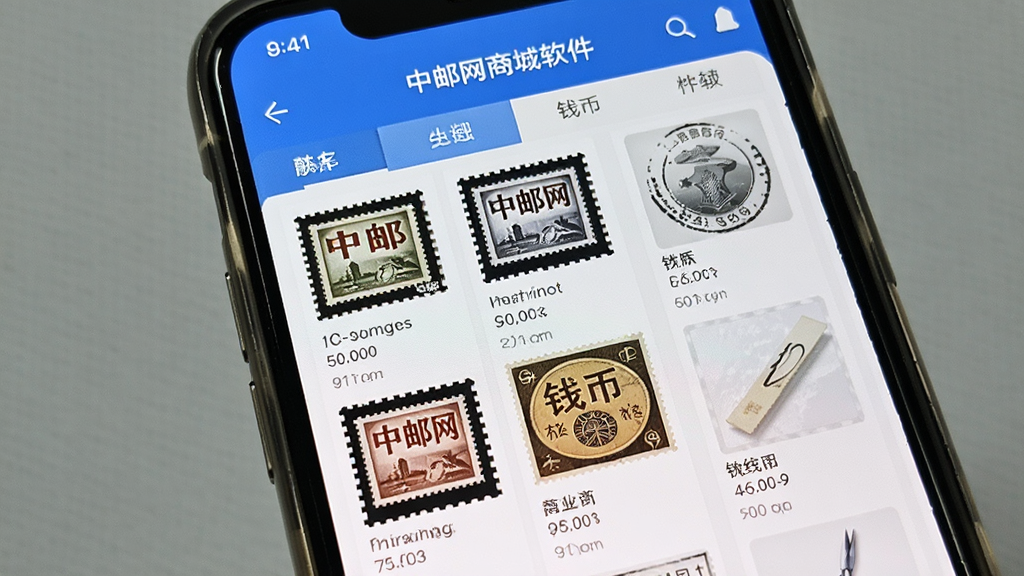中邮网商城软件界面展示,手机屏幕中显示邮票钱币商品列表,整洁的电商布局,蓝色主色调,真实应用截图风格,高清画质,干净无多余元素