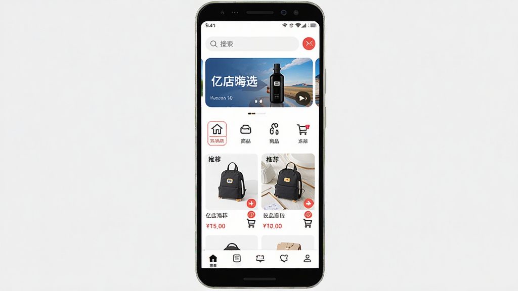亿店嗨选 手机应用界面预览图,主体为一部安卓手机展示电商首页,布局上方是搜索栏与轮播图,中部为商品分类图标与推荐商品瀑布流,底部为导航栏,风格清新简约,细节包括商品缩略图、价格标签、购物车图标,画质清晰干净无多余元素