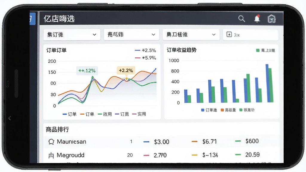 亿店嗨选 电商数据看板界面,主体为安卓手机屏幕展示数据分析图表,布局上方为筛选条件,中部为折线图和柱状图展示订单与收益趋势,下方为商品排行列表,风格商务简约,细节包括数字指标、百分比标注、彩色图例,画质清晰干净无多余元素