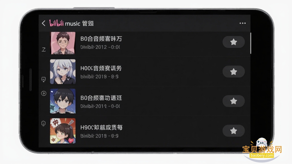 ��׿�ֻ�չʾbilibili music���ֲ������赥����ҳ�棬�б����ж���Bվ��Ƶ�������Ҳ����ղذ�ť������ǳɫ���Ű����룬�����ˬ��Լ������������������Ԫ��