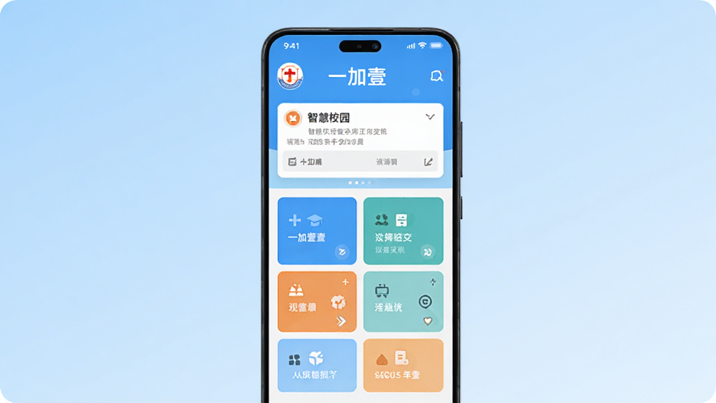 ����Ϊһ�������ֻ���Ļ��ʾһ��ҼAPP�ǻ�У԰��ҳ���棬����Ϊ�ֻ�����չʾ������Ϊ����ǳ��ɫ���䣬���Ϊ�ִ��Ƽ��б�ƽ����ƣ�ϸ�ڰ�������У��ͼ�ꡢ֪ͨ��Ƭ������ģ�������ֻ���Ļ�����ֱ�ע��һ��Ҽ�������ʸ��壬�ɾ��޶���Ԫ��