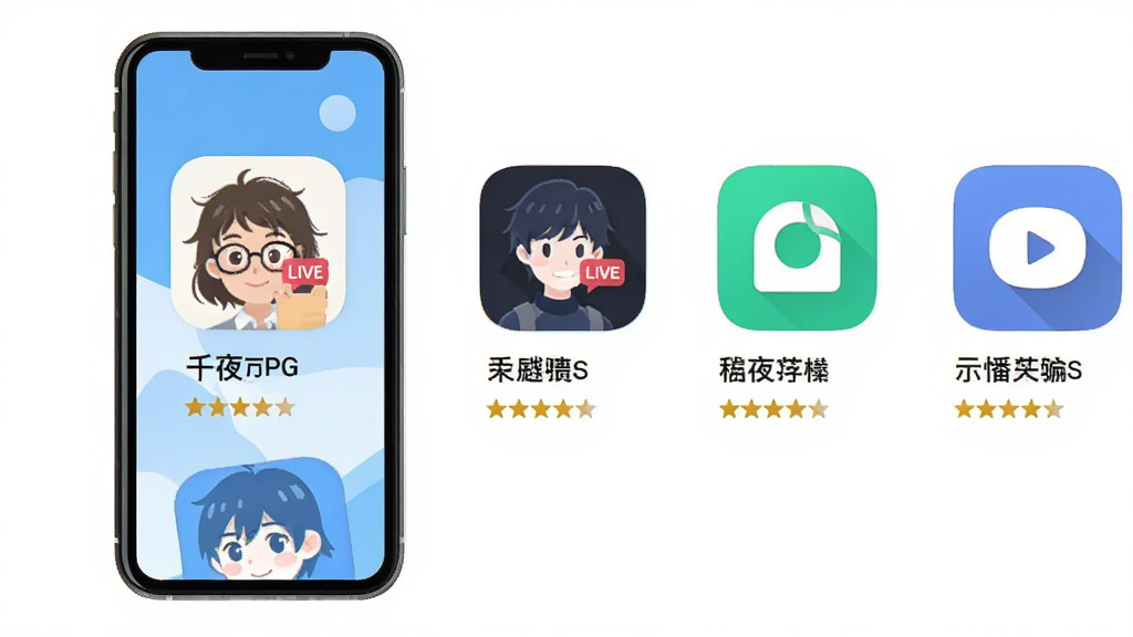 千夜直播与其他直播软件对比示意图,主体为手机屏幕并排展示多个直播App图标,布局为横向排列,排版整齐,风格为简洁扁平化,细节包含各软件名称和评分星级,画质高清干净无多余元素