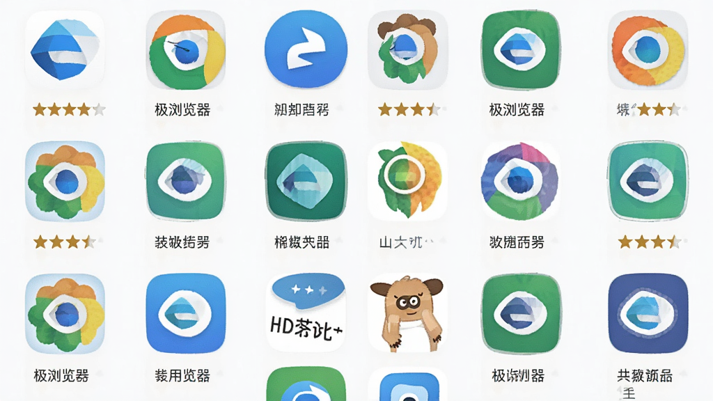 Ee极浏览器 同类软件推荐对比图,手机屏幕显示多款浏览器图标排列,背景为白色,布局为网格状,风格为清新浅色,细节包含星星评分和软件名称文字,画质高清,干净,无多余元素