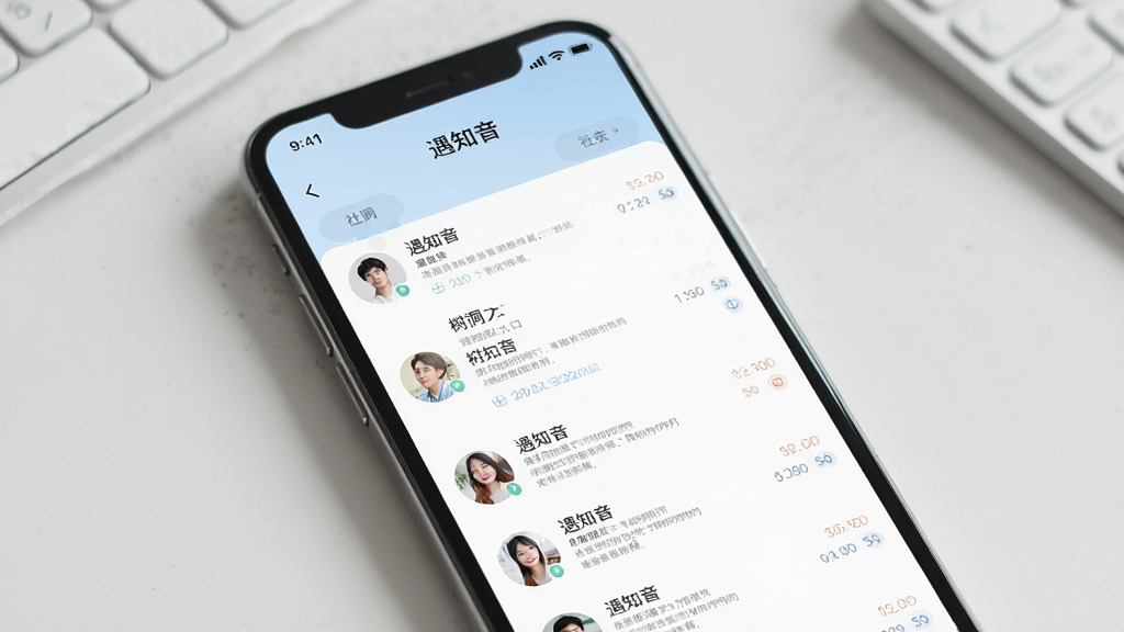 遇知音 软件界面展示 手机屏幕 简洁风格 社交聊天列表 树洞入口 柔和色调 干净排版 高清画质