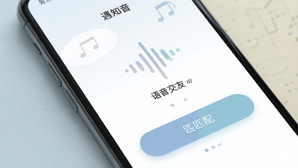 遇知音 语音交友界面 手机屏幕 声波图标 匹配按钮 简洁布局 柔和配色 高清画质