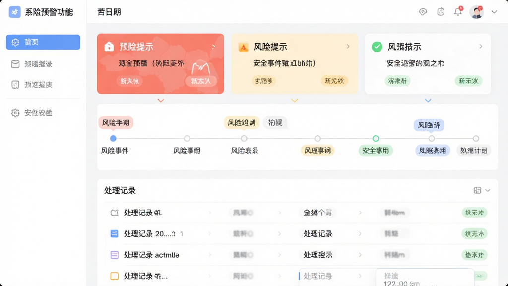 观之云 安全预警功能界面,画面中央为风险事件时间轴,上方为预警提示卡片,下方为处理记录列表,布局为上下结构,排版简洁,风格为清新浅色,细节包含图标与状态标签,画质清晰,干净,无多余元素