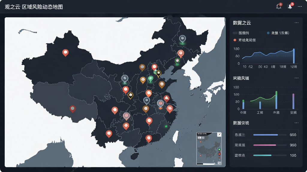 观之云 区域风险动态地图界面,画面中央为区域地图,地图上分布多个风险标记点,右侧为数据统计面板,布局为左右结构,排版规整,风格为素雅极简,细节包含图例与数值,画质清晰,干净,无多余元素