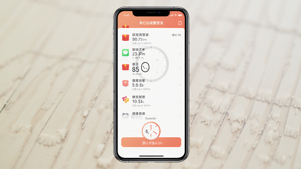 来红包提醒管家软件界面截图,展示通知列表和倒计时功能,手机屏幕居中,浅色背景,扁平化设计风格,干净整洁,高清画质
