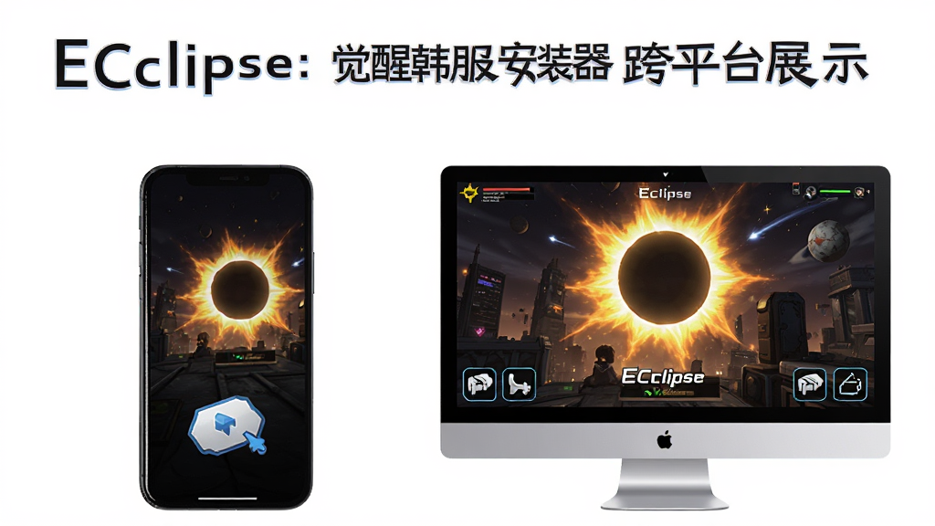 日蚀:觉醒韩服安装器跨平台展示图,主体为手机与电脑并排显示同一游戏画面,布局左右对称,排版简洁,风格为科技感游戏宣传图,细节包含“Eclipse”字样和跨平台图标,画质锐利,干净,无多余元素