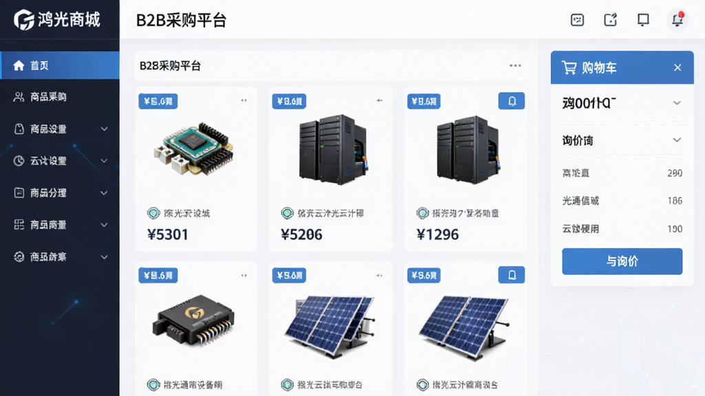 �����Ǻ���̳ǵ�B2B�ɹ�ƽ̨���棬����Ϊ�����Ʒ���ർ�����м��ͨ���豸���Ƽ���Ӳ����Ʒչʾ�����Ҳ๺�ﳵ��ѯ�������Ű��������࣬���Ϊ�ִ�����Ƽ��У�ϸ�ڰ�����ģ�顢����������������Ʒͼ��ͼ۸��ǩ�����ʸ��壬�ɾ����޶���Ԫ�ء�
