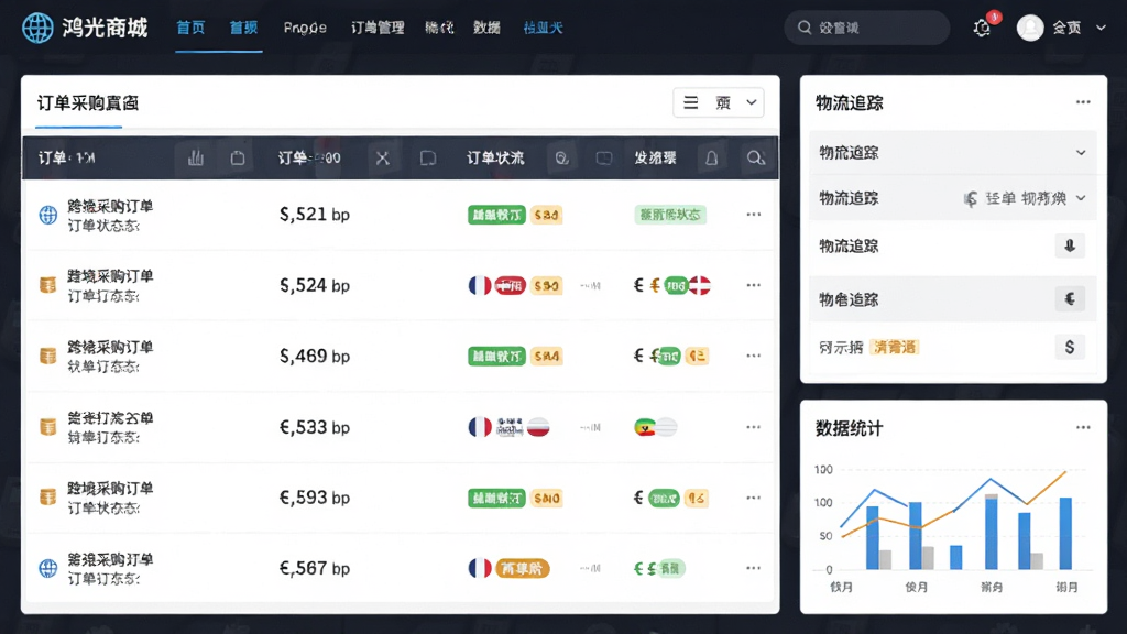 �����Ǻ���̳ǿ羳�ɹ���������ҳ�棬����Ϊ�������������м䶩���б�������׷����塢�ײ�����ͳ��ͼ�����Ű�Ϊ��Ƭʽ��Ϣ�������Ϊ����ƽ������磬ϸ�ڰ�������ͼ�ꡢ������ҷ��š�����״̬��ǩ�����ʸ��壬�ɾ����޶���Ԫ�ء�