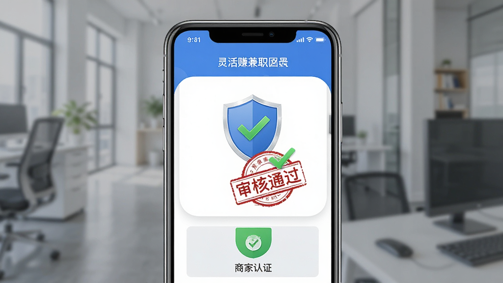 灵活赚兼职APP安全认证页面展示,主体为手机屏幕显示商家认证标识和审核通过印章,布局居中,排版简洁,风格商务可信,细节包含盾牌图标和绿色对勾,画质清晰干净无多余元素