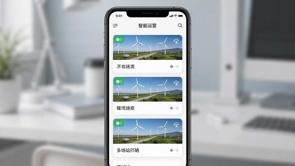 智慧运营APP多场站管理界面,手机屏幕显示多个风电场站卡片列表,主体为手机正面,布局居中,排版整齐,风格商务简洁,细节包括绿色状态标识和场站名称,画质清晰干净无多余元素