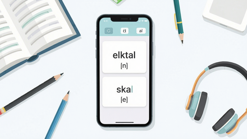 elktal 软件界面展示,主体为手机屏幕,屏幕中显示单词卡片和音标,周围环绕书本、铅笔、耳机等学习元素,布局居中,排版简洁,风格清新扁平化,细节清晰,画质明亮,干净,无多余元素