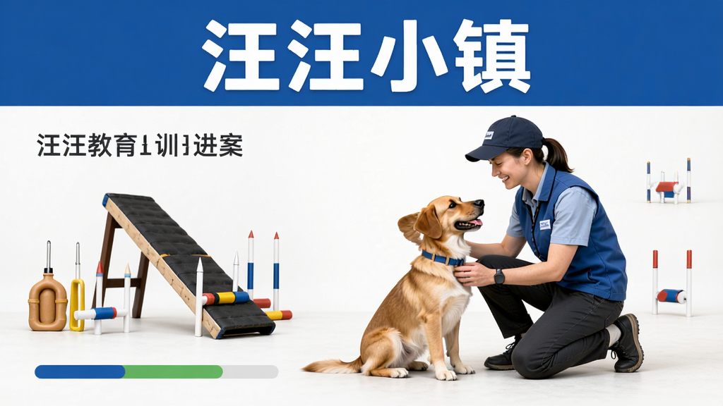 软件名称汪汪小镇,主体为训犬师与狗狗互动的场景,布局上方标题下方内容,排版图文结合,风格专业教育类,细节包含训练道具和进度条,画质高清,干净,无多余元素