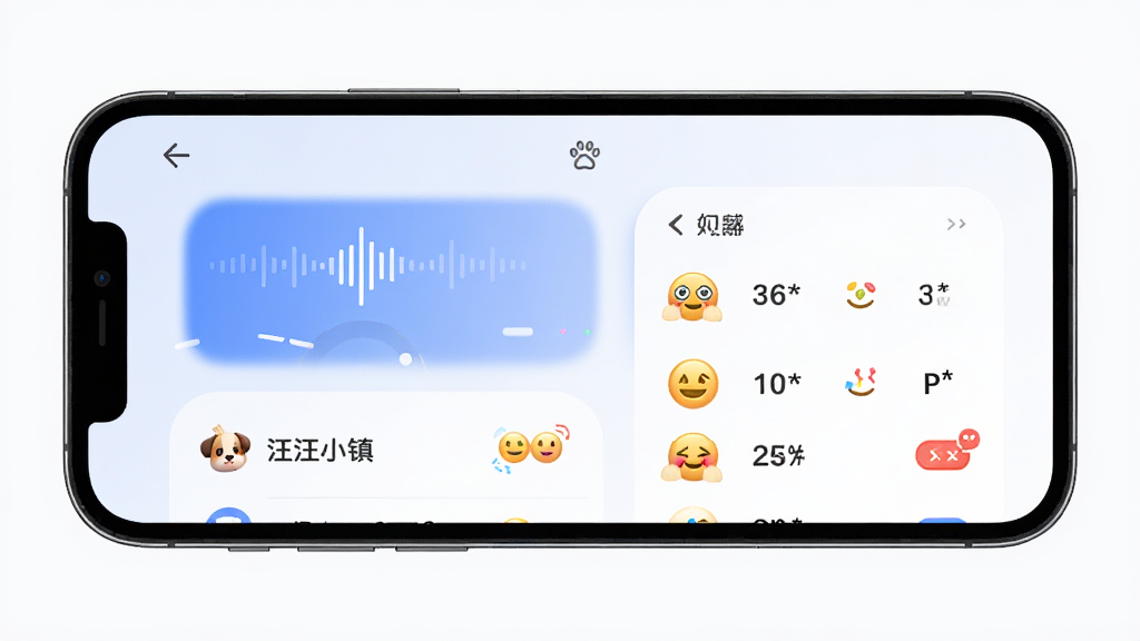 软件名称汪汪小镇,主体为手机屏幕显示宠物交流界面,布局左右分栏,排版清晰有序,风格现代科技感,细节包含声波图标和情绪表情符号,画质高清,干净,无多余元素