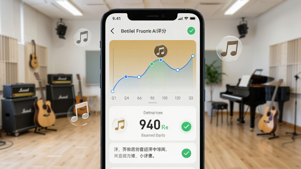 画面中央一部安卓手机屏幕显示芥末唱AI评分界面,上方是音准曲线图,下方是得分数字和评语,背景是排练教室,布局简洁,排版清晰,风格现代科技感,细节有音符图标和绿色对勾,画质清晰干净无多余元素