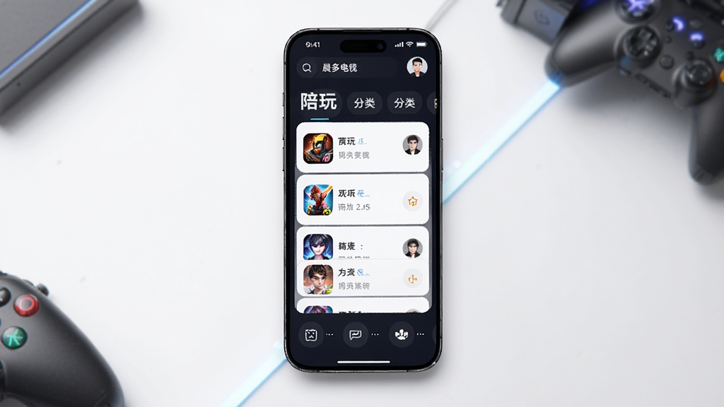 晨多电竞应用界面展示,手机屏幕中显示陪玩列表与分类标签,主体为一部智能手机,布局居中,排版简洁,风格为现代科技感,细节包含游戏图标与用户头像,画质清晰,干净,无多余元素