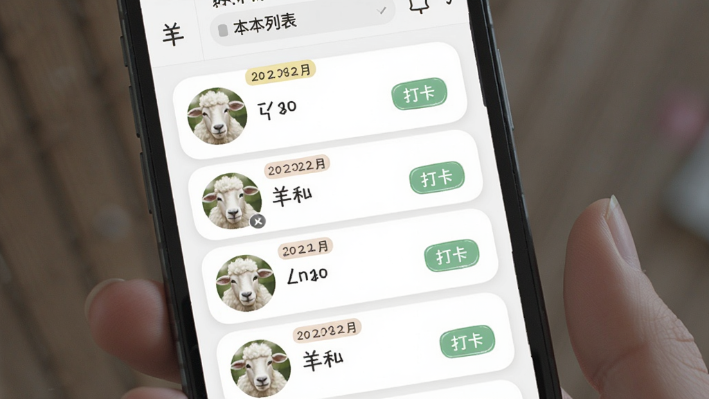 有一只羊软件界面,手机屏幕中显示羊本列表,每只羊有头像和昵称,布局为竖向卡片排列,风格清新手账风,细节包含日期标签和打卡按钮,画质清晰,干净,无多余元素