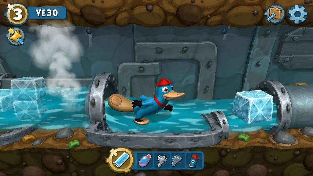 Ѽ����̩����������Ϸ��ͼ��������Ѽ�����ع�Perry�ڹܵ��д��󣬲���Ϊ�ֻ���Ļ���棬�Ű��Ϸ���ʾ�ؿ����·���ʾ�����������Ϊ��ͨ��Ⱦɫ�����ޣ�ϸ�ڰ���ˮ�������������顢������Ԫ�أ����������ɾ��޶���Ԫ��
